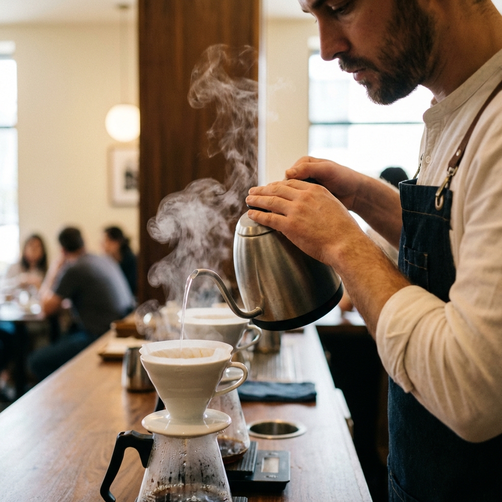 Barista pouring pour-over coffee